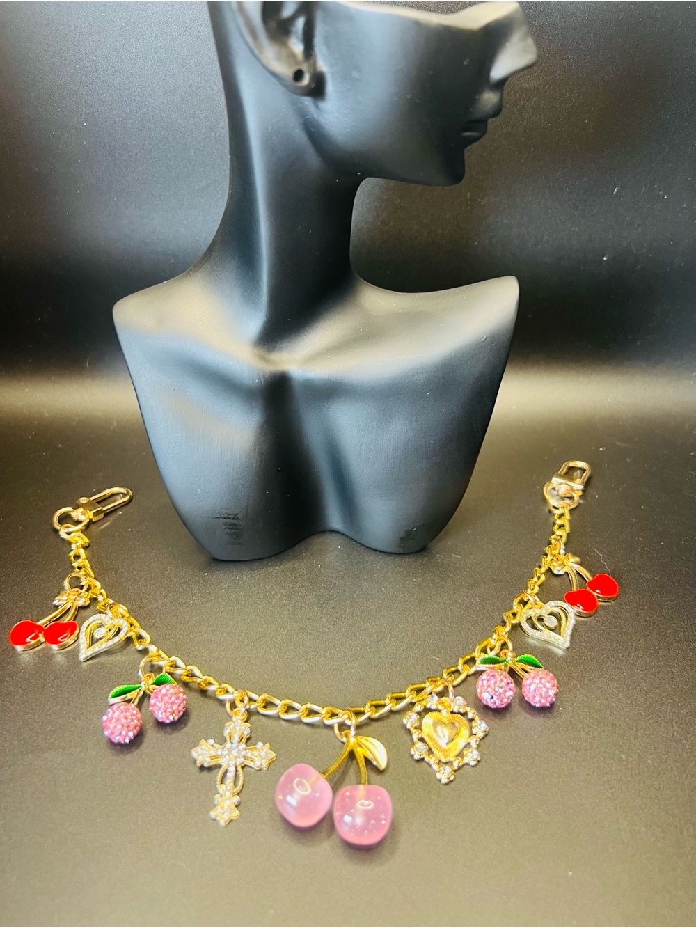 Gold Charm Bracelet with Pink & Red Cherry Charms